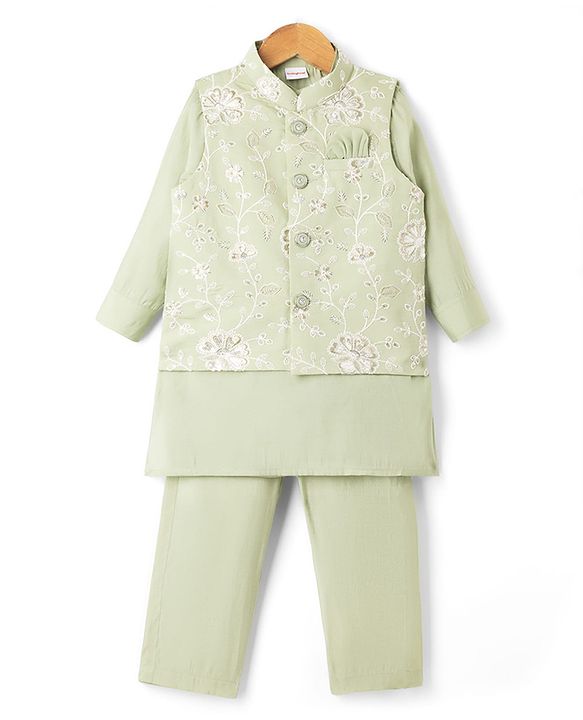 Babyhug Woven Full Sleeves Solid Kurta & Pyjama Set With Floral Embroidered Jacket - Light Green
