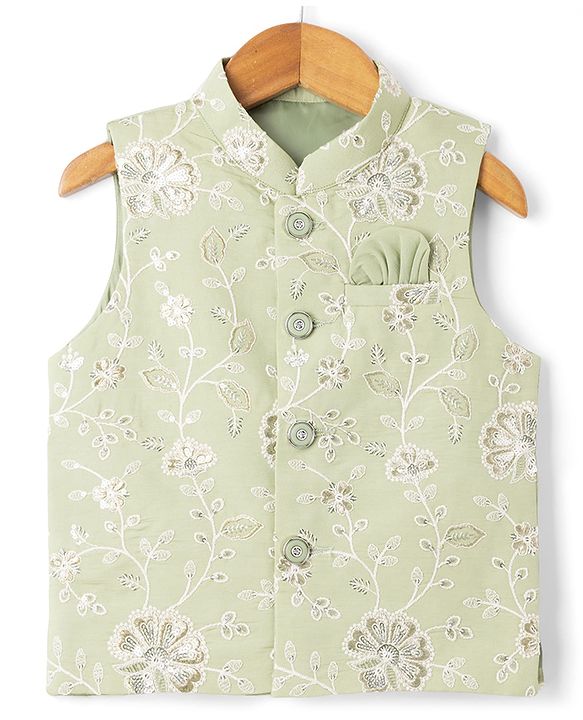 Babyhug Woven Full Sleeves Solid Kurta & Pyjama Set With Floral Embroidered Jacket - Light Green