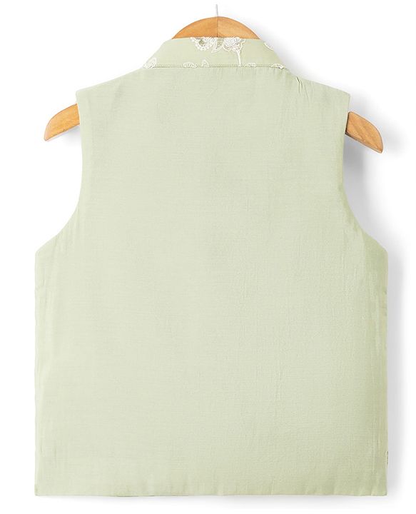 Babyhug Woven Full Sleeves Solid Kurta & Pyjama Set With Floral Embroidered Jacket - Light Green