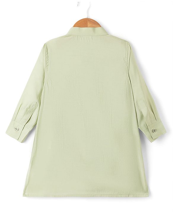 Babyhug Woven Full Sleeves Solid Kurta & Pyjama Set With Floral Embroidered Jacket - Light Green