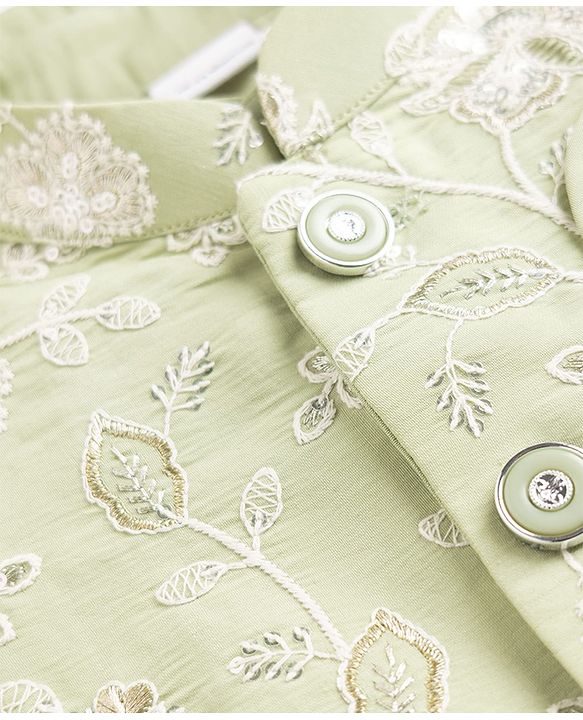 Babyhug Woven Full Sleeves Solid Kurta & Pyjama Set With Floral Embroidered Jacket - Light Green
