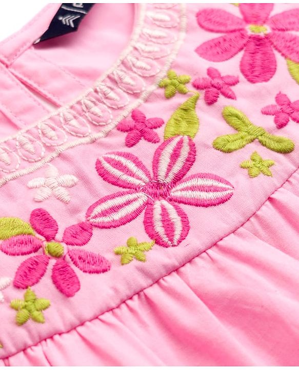 Pine Kids Cotton Woven Half Flutter Sleeves Floral Embroidered - Pink