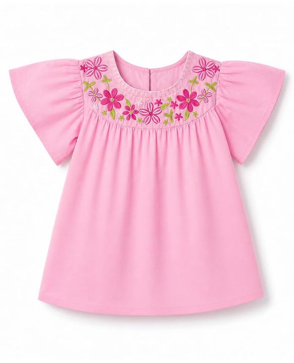 Pine Kids Cotton Woven Half Flutter Sleeves Floral Embroidered - Pink