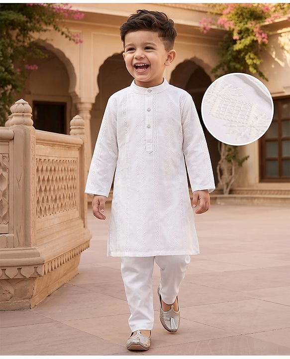 Babyhug Woven Full Sleeves Self Embroidered Solid Colour Kurta Pajama Set - White