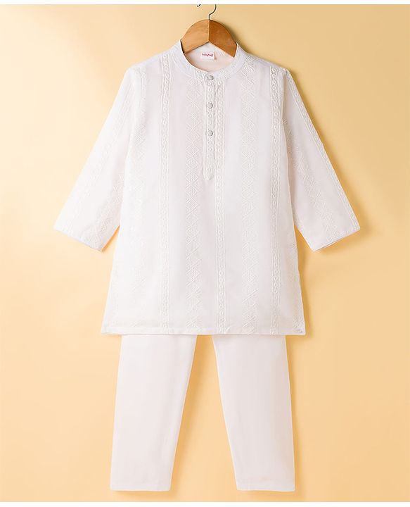 Babyhug Woven Full Sleeves Self Embroidered Solid Colour Kurta Pajama Set - White