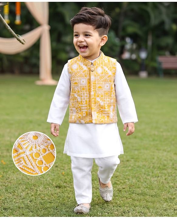 Babyhug Woven Full Sleeves SOLID Kurta & Pyjama Set With Floral Embroidered Jacket - Yellow
