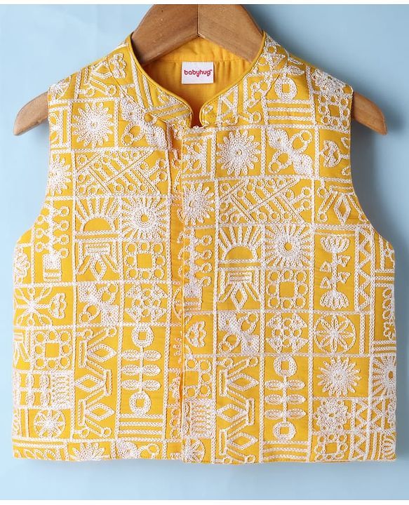 Babyhug Woven Full Sleeves SOLID Kurta & Pyjama Set With Floral Embroidered Jacket - Yellow