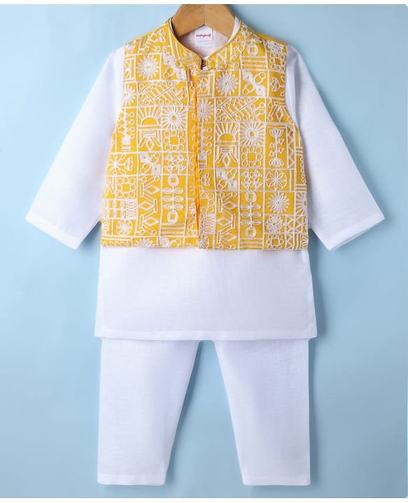 Babyhug Woven Full Sleeves SOLID Kurta & Pyjama Set With Floral Embroidered Jacket - Yellow