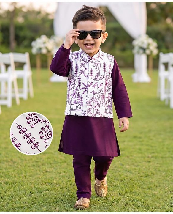 Babyhug Woven Full Sleeves Solid Kurta & Pyjama Set With Floral & Birds Embroidered Jacket - Purple