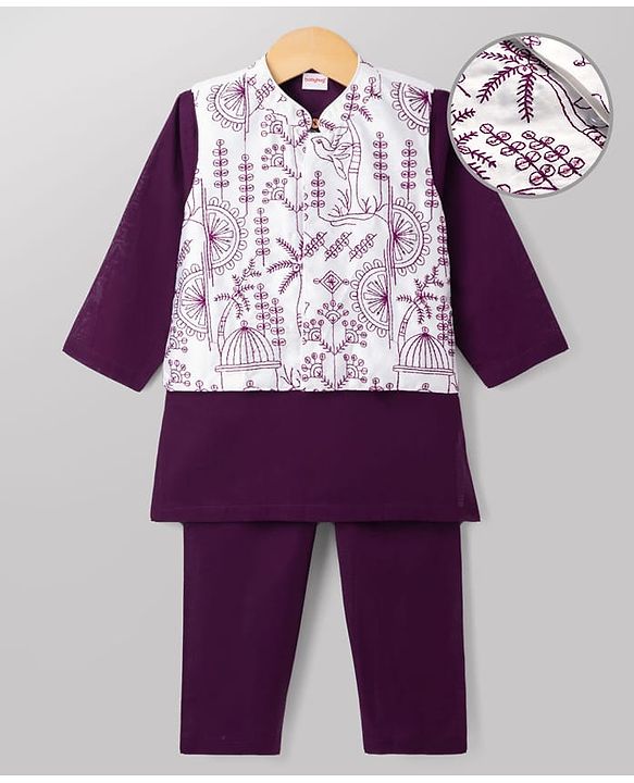 Babyhug Woven Full Sleeves Solid Kurta & Pyjama Set With Floral & Birds Embroidered Jacket - Purple