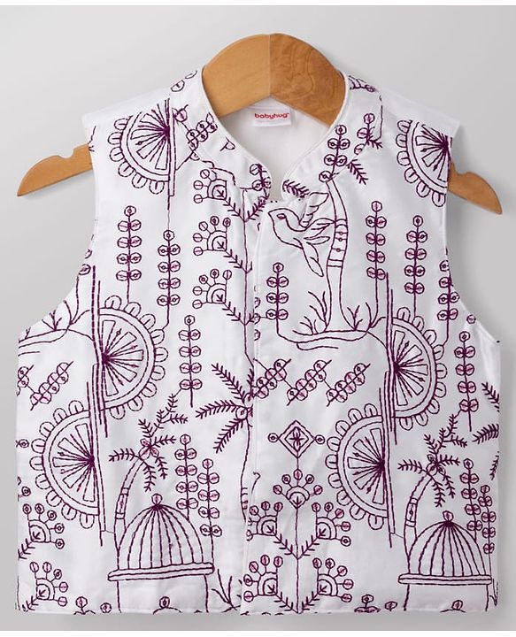 Babyhug Woven Full Sleeves Solid Kurta & Pyjama Set With Floral & Birds Embroidered Jacket - Purple