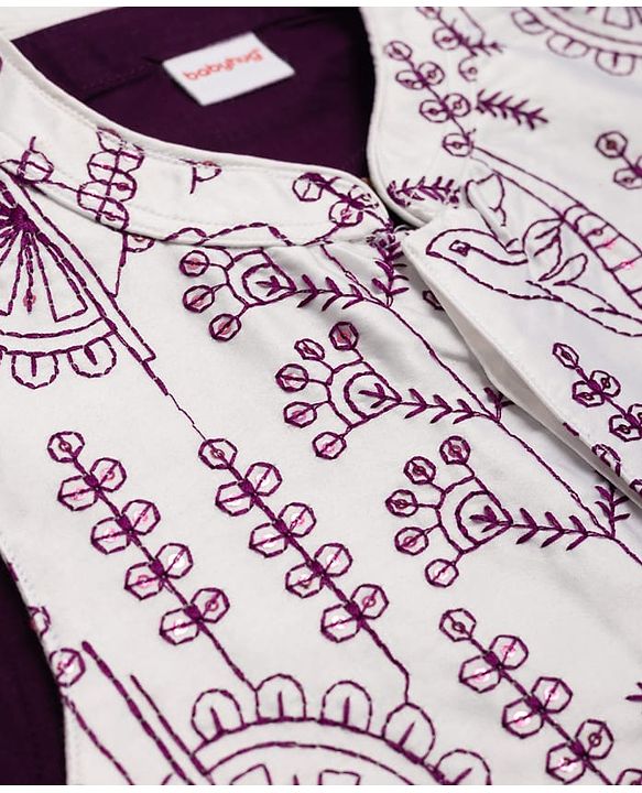 Babyhug Woven Full Sleeves Solid Kurta & Pyjama Set With Floral & Birds Embroidered Jacket - Purple