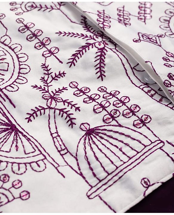 Babyhug Woven Full Sleeves Solid Kurta & Pyjama Set With Floral & Birds Embroidered Jacket - Purple