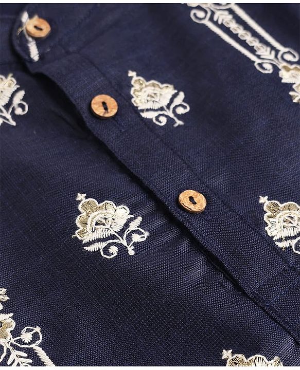 Babyhug Woven Full Sleeves Floral Embroidered Kurta Pyjama Set - Navy