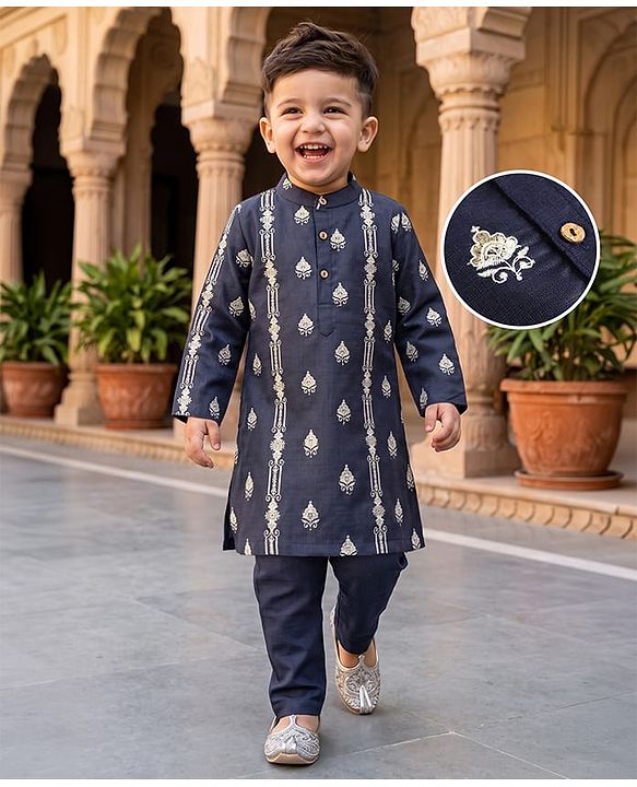 Babyhug Woven Full Sleeves Floral Embroidered Kurta Pyjama Set - Navy
