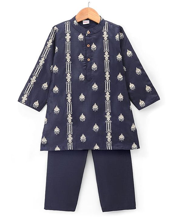 Babyhug Woven Full Sleeves Floral Embroidered Kurta Pyjama Set - Navy