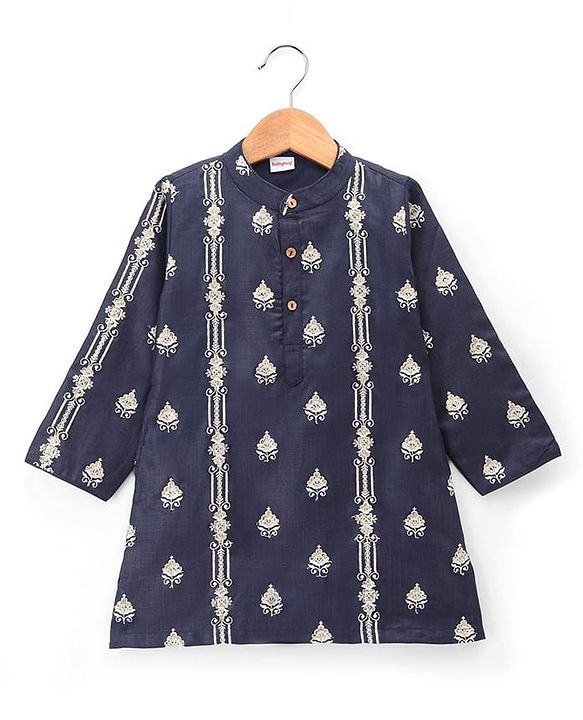 Babyhug Woven Full Sleeves Floral Embroidered Kurta Pyjama Set - Navy