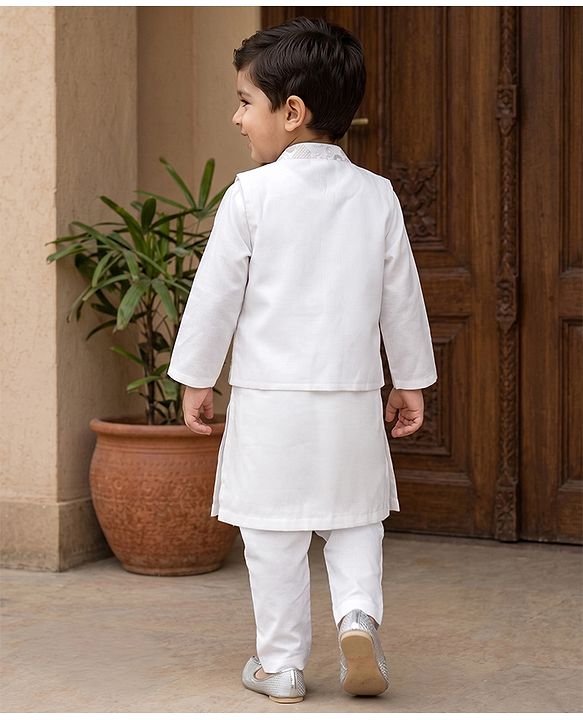 Babyhug Woven Full Sleeves Solid Kurta Pyjama Set With Floral Embroidered Jacket - White