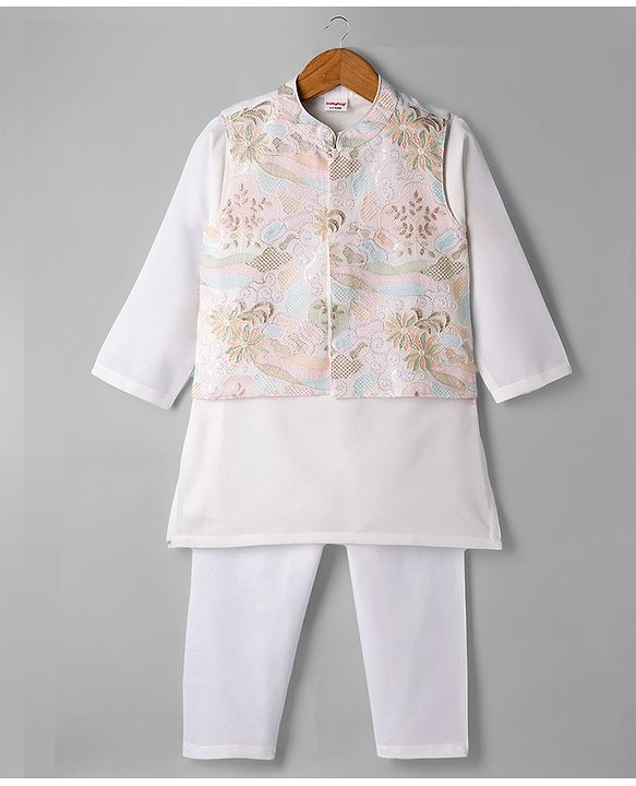 Babyhug Woven Full Sleeves Solid Kurta Pyjama Set With Floral Embroidered Jacket - White