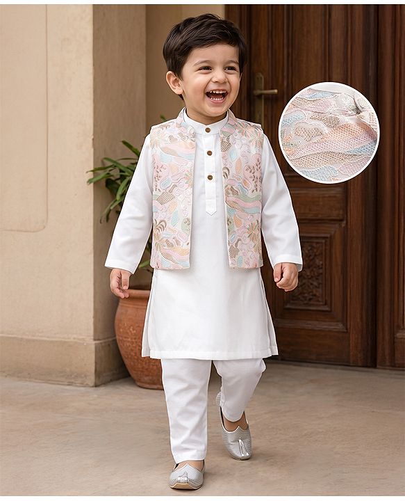 Babyhug Woven Full Sleeves Solid Kurta Pyjama Set With Floral Embroidered Jacket - White