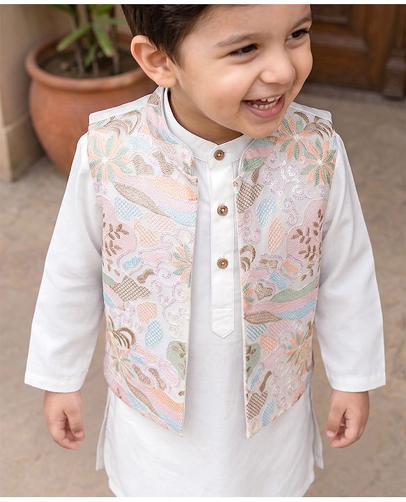 Babyhug Woven Full Sleeves Solid Kurta Pyjama Set With Floral Embroidered Jacket - White