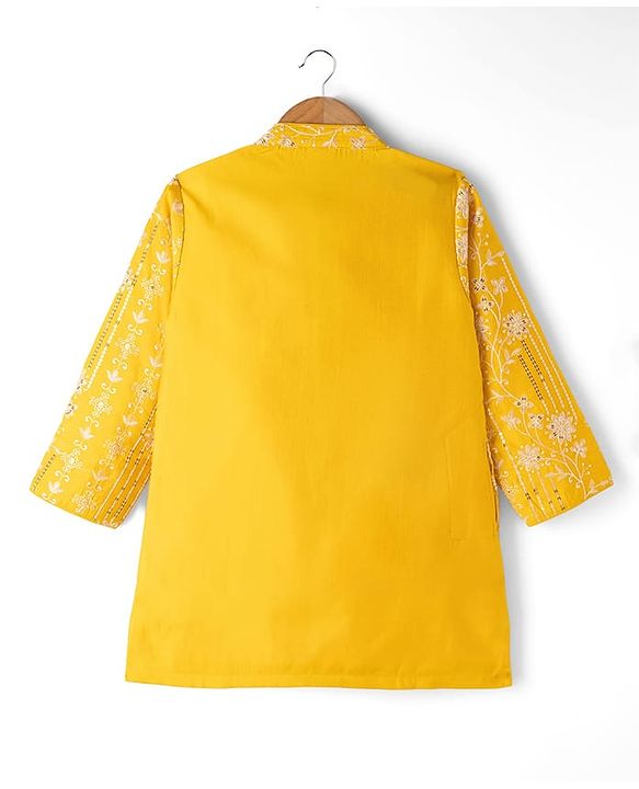 Babyhug Woven Full Sleeves Floral  Embroidered & Sequin Kurta Pyjama Set - Yellow