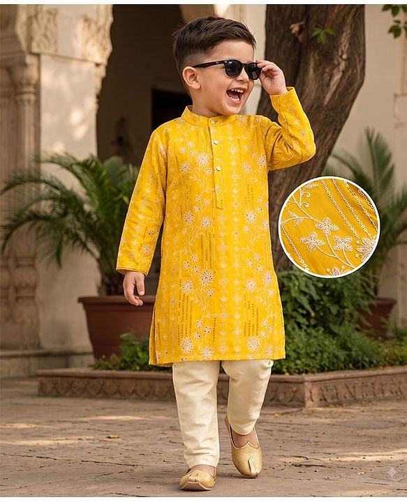 Babyhug Woven Full Sleeves Floral  Embroidered & Sequin Kurta Pyjama Set - Yellow
