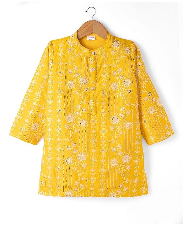 Babyhug Woven Full Sleeves Floral  Embroidered & Sequin Kurta Pyjama Set - Yellow