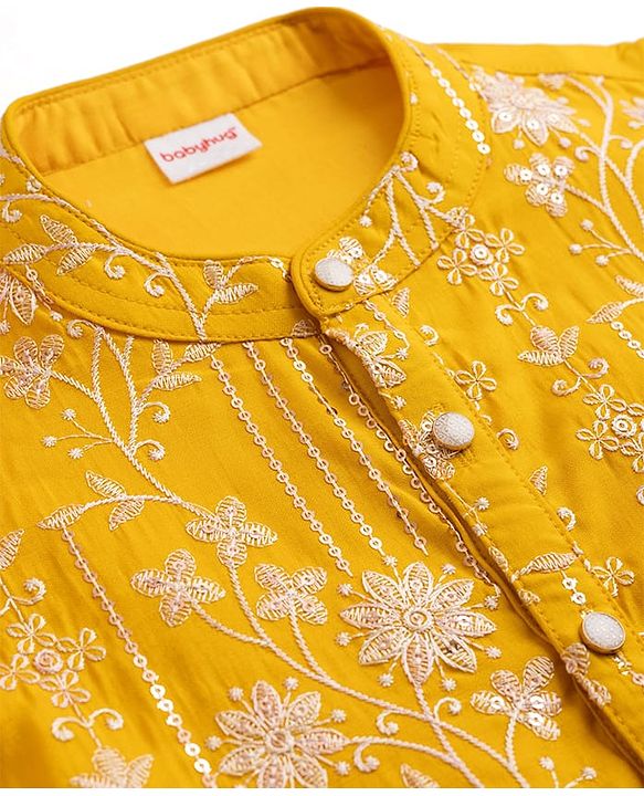 Babyhug Woven Full Sleeves Floral  Embroidered & Sequin Kurta Pyjama Set - Yellow