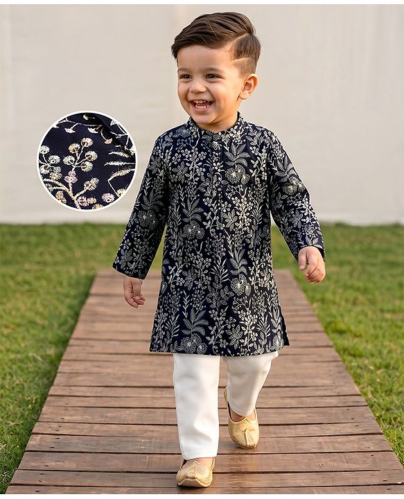 Babyhug Woven Full Sleeves Embroidered Kurta Set - Navy Blue
