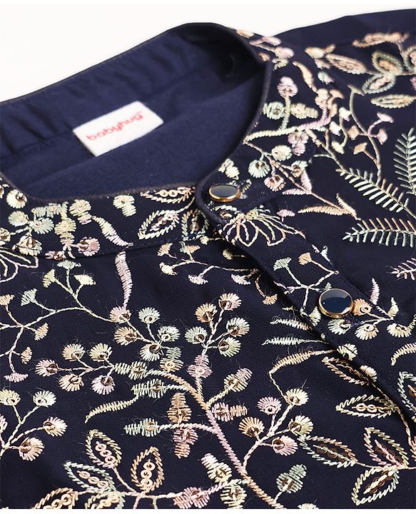 Babyhug Woven Full Sleeves Embroidered Kurta Set - Navy Blue