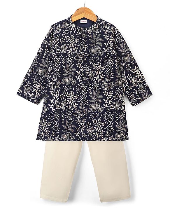 Babyhug Woven Full Sleeves Embroidered Kurta Set - Navy Blue