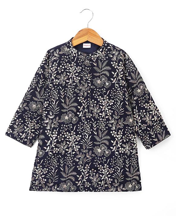 Babyhug Woven Full Sleeves Embroidered Kurta Set - Navy Blue