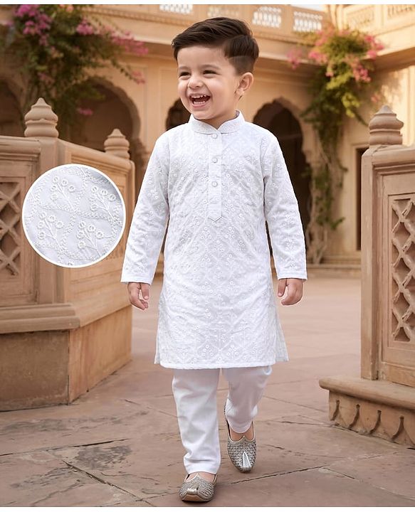 Babyhug Woven Full Sleeves Embroidered Kurta Pyjama Set - White