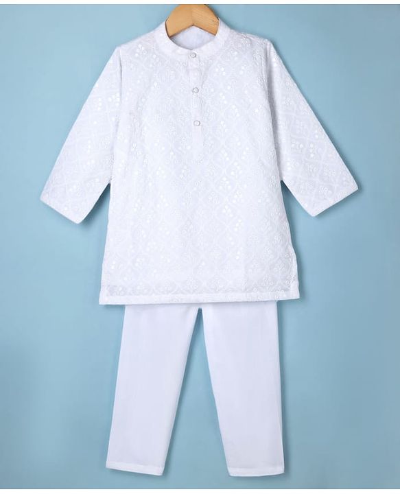 Babyhug Woven Full Sleeves Embroidered Kurta Pyjama Set - White