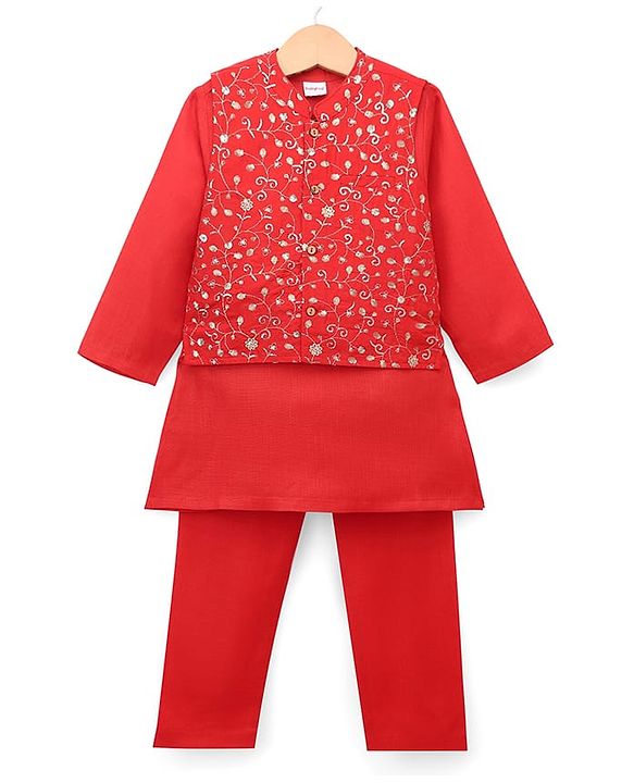 Babyhug Woven Diamond 100% Cotton SOLID Kurta Pyjama Set With Floral & Sequin Embroidered Jacket - Red