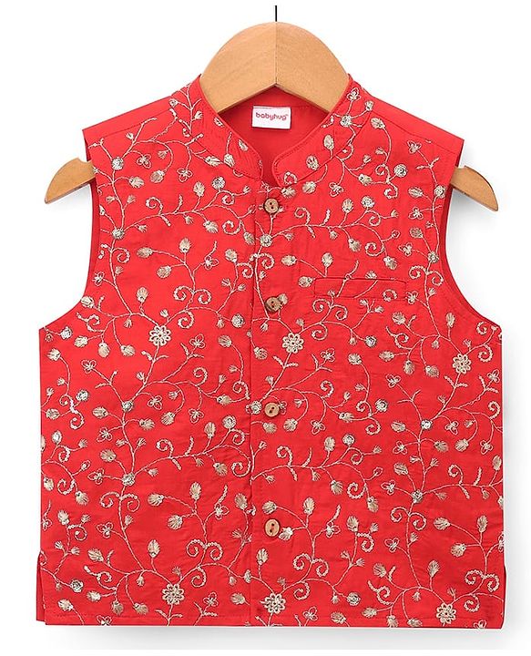 Babyhug Woven Diamond 100% Cotton SOLID Kurta Pyjama Set With Floral & Sequin Embroidered Jacket - Red