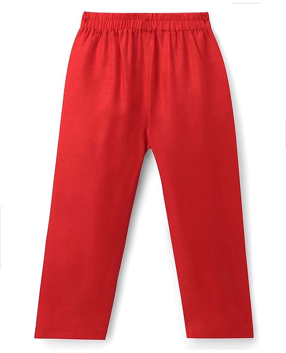 Babyhug Woven Diamond 100% Cotton SOLID Kurta Pyjama Set With Floral & Sequin Embroidered Jacket - Red