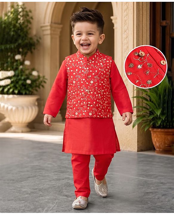 Babyhug Woven Diamond 100% Cotton SOLID Kurta Pyjama Set With Floral & Sequin Embroidered Jacket - Red