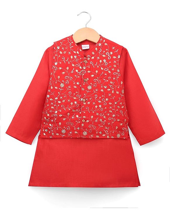 Babyhug Woven Diamond 100% Cotton SOLID Kurta Pyjama Set With Floral & Sequin Embroidered Jacket - Red