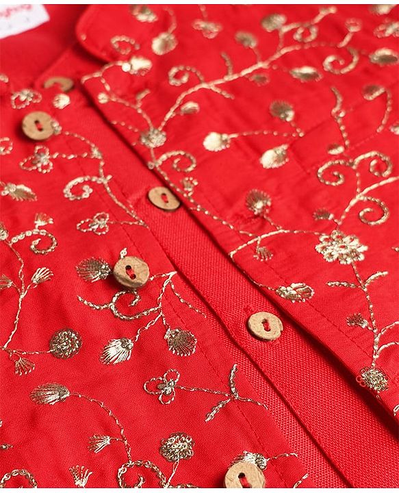 Babyhug Woven Diamond 100% Cotton SOLID Kurta Pyjama Set With Floral & Sequin Embroidered Jacket - Red