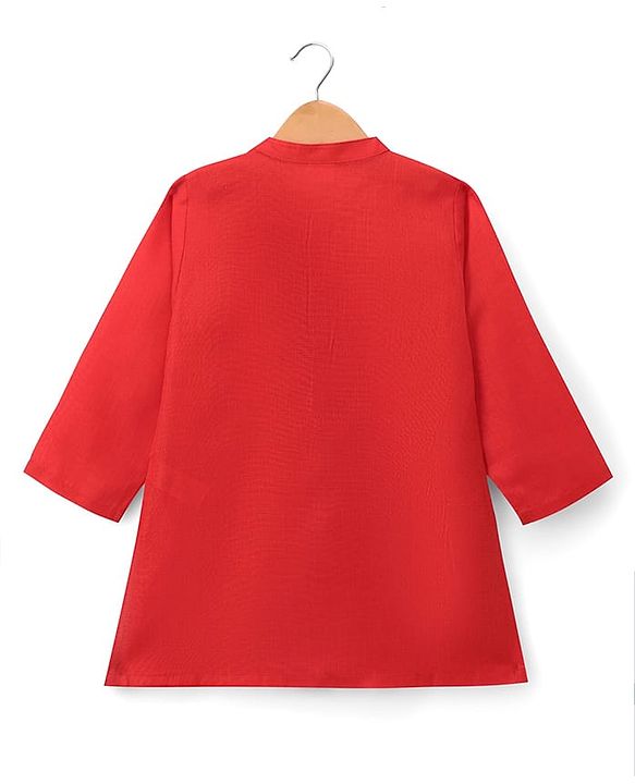 Babyhug Woven Diamond 100% Cotton SOLID Kurta Pyjama Set With Floral & Sequin Embroidered Jacket - Red