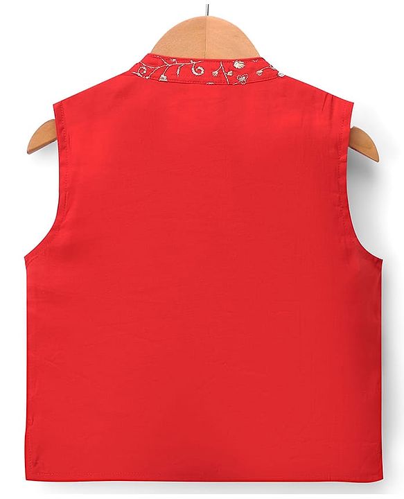 Babyhug Woven Diamond 100% Cotton SOLID Kurta Pyjama Set With Floral & Sequin Embroidered Jacket - Red