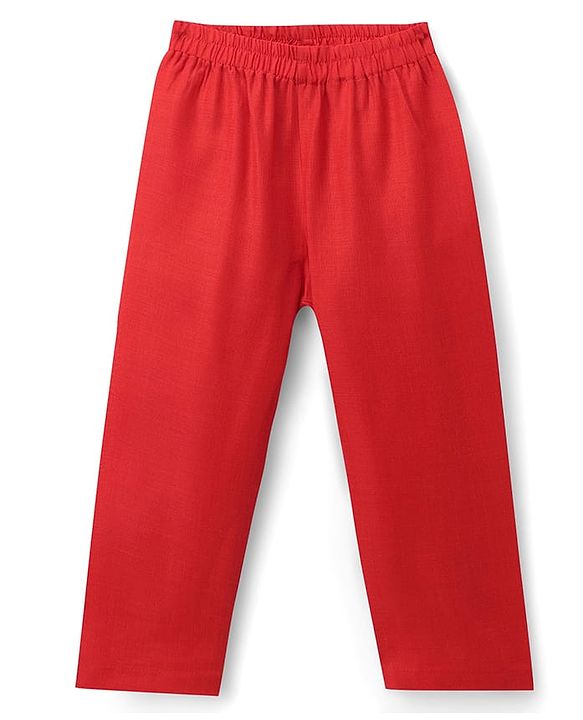 Babyhug Woven Diamond 100% Cotton SOLID Kurta Pyjama Set With Floral & Sequin Embroidered Jacket - Red