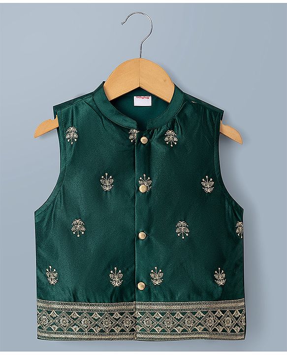 Babyhug Woven Full Sleeves Solid Kurta Pajama Set with Velvet Embroidered Jacket- Beige & Dark Green