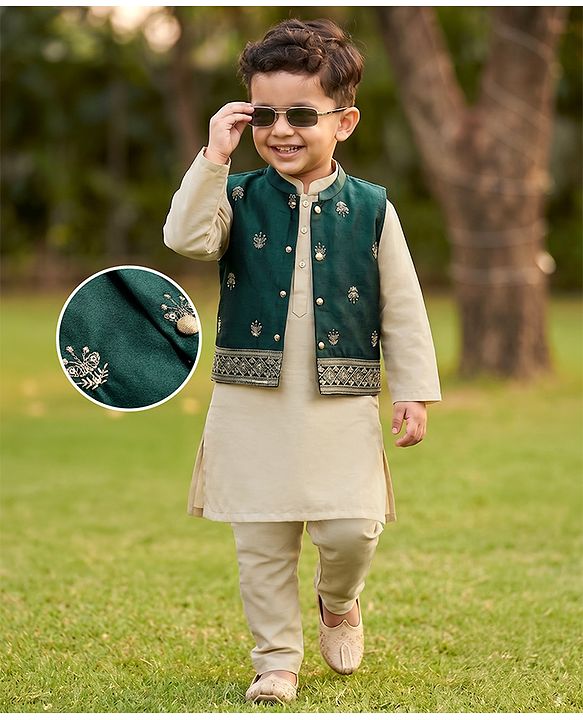 Babyhug Woven Full Sleeves Solid Kurta Pajama Set with Velvet Embroidered Jacket- Beige & Dark Green