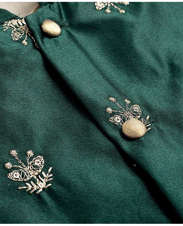 Babyhug Woven Full Sleeves Solid Kurta Pajama Set with Velvet Embroidered Jacket- Beige & Dark Green