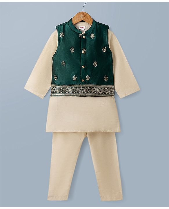 Babyhug Woven Full Sleeves Solid Kurta Pajama Set with Velvet Embroidered Jacket- Beige & Dark Green
