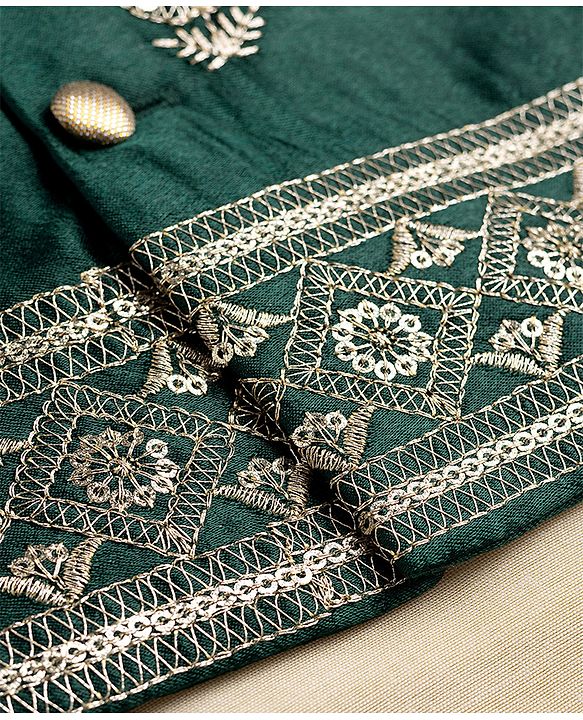 Babyhug Woven Full Sleeves Solid Kurta Pajama Set with Velvet Embroidered Jacket- Beige & Dark Green