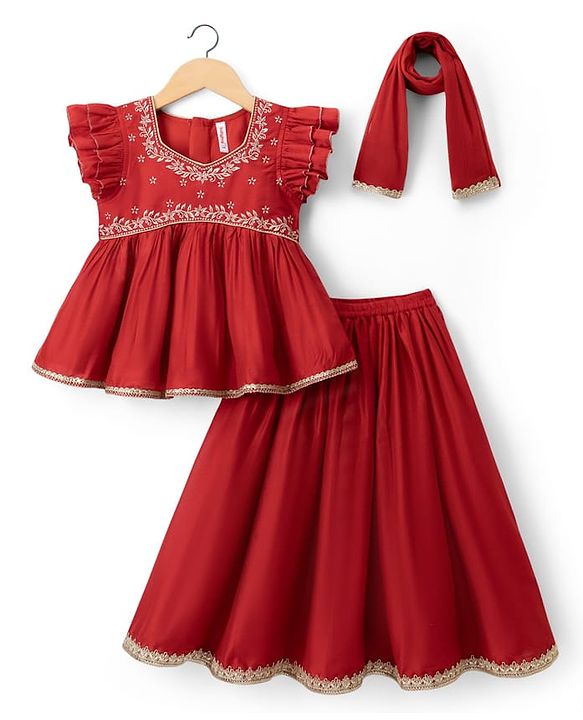 Babyhug Woven Half Sleeves Floral Embroidered Choli & Lehenga Set With Dupatta - Red
